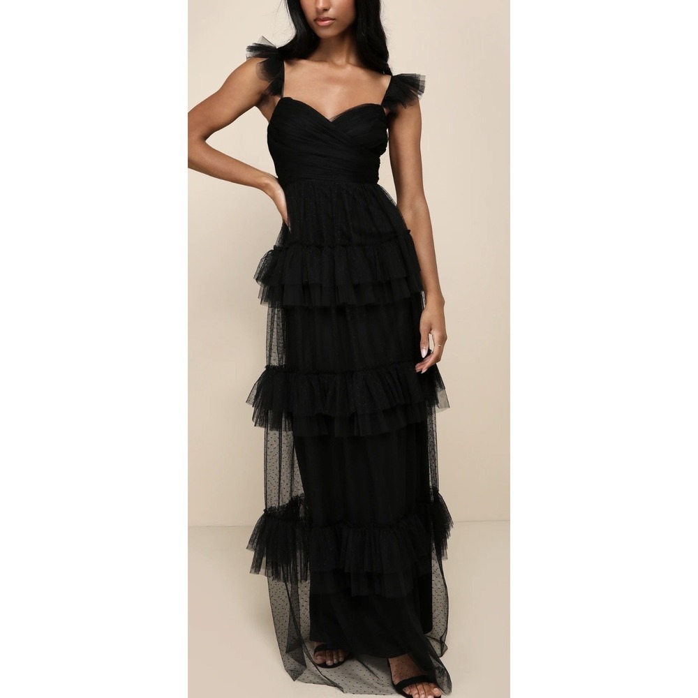 Lulus Pure Radiance‎ Dress Womens Large Black Mesh Swiss Dot Tiered Maxi NEW